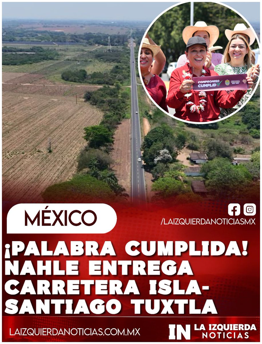 IzqNoticiasMx's tweet photo. ¡PALABRA CUMPLIDA! Rocío Nahle entrega 60 km de carretera Isla-Santiago Tuxtla tras 25 años. Conecta región estratégica y gestiona más obras. "Los impuestos están aquí", afirmó.
#RocioNahle #Veracruz #CarreteraIslaSantiago #PalabraCumplida #4T https://t.co/wx21VyELve