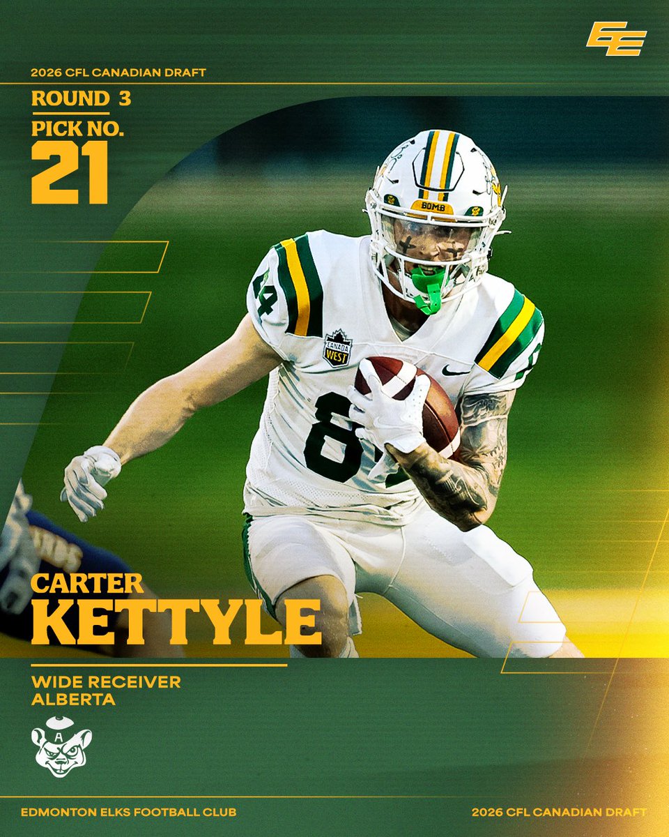 GoElks's tweet photo. With the 21st overall pick in the 2026 CFL Canadian Draft, we’ve selected Carter Kettyle from the University of Alberta   #CFLDraft #Goelks https://t.co/jHyTUIMs8F