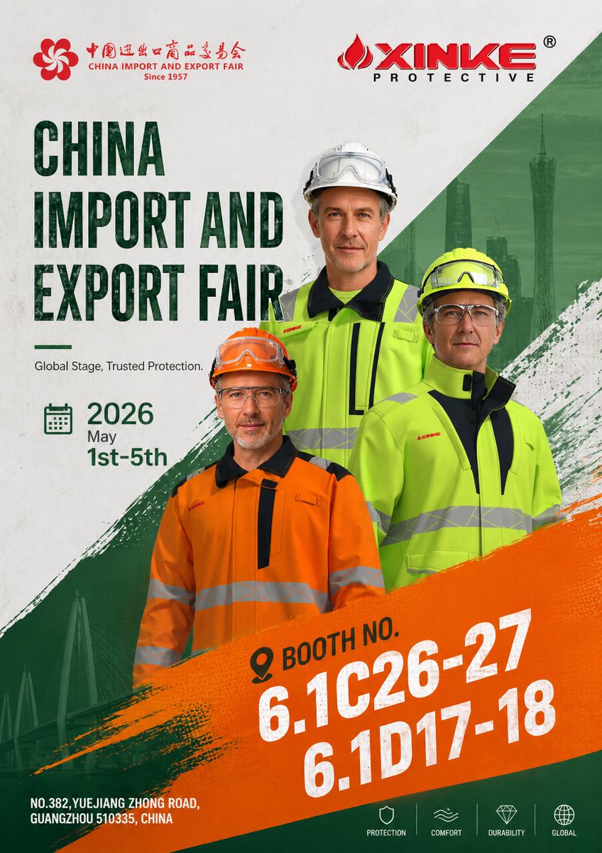 XinxiangXinke's tweet photo. We’re excited to join the 2026 Canton Fair!

📅 May 1st–5th, 2026
📍 Guangzhou, China
📌 Booth: 6.1C26-27 &amp; 6.1D17-18

Visit Xinke Protective to discover our latest workwear and protective clothing solutions. We look forward to meeting you there!

https://t.co/hTqoJxxg1M https://t.co/rpVwq9xgOA