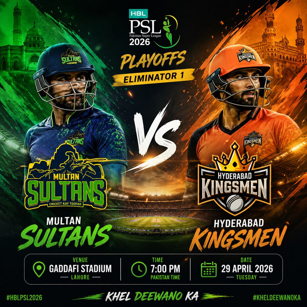 betproexch's tweet photo. Knockout time! 🔥
Multan Sultans 🆚 Hyderabad Kingsmen

Aaj ka match = Do or Die ⚔️
Kaun karega qualify aur kaun hoga OUT? 👀

📍 Gaddafi Stadium
⏰ 7:00 PM

💬 Apni prediction comment karo!

#PSL2026 #MultanSultans #HyderabadKingsmen #PSLPlayoffs #CricketPakistan https://t.co/IAoEeFDYuf