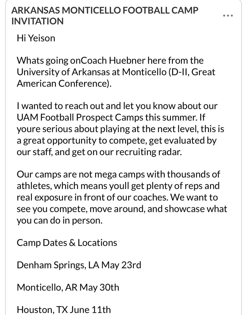 yeison582's tweet photo. Once again blessed to receive my First Division 2 football camp invitation from Arkansas Monticello Football .💚🤍🖤 https://t.co/Fz5f6WMLwp