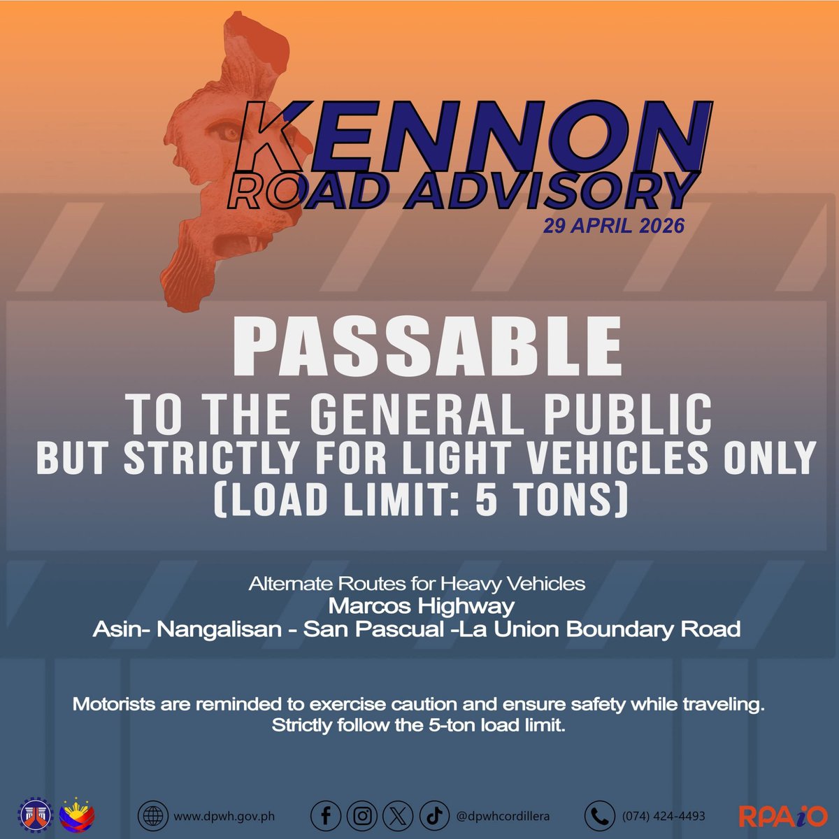 dpwhcordillera's tweet image. 𝐊𝐄𝐍𝐍𝐎𝐍 𝐑𝐎𝐀𝐃 𝐓𝐑𝐀𝐕𝐄𝐋 𝐀𝐃𝐕𝐈𝐒𝐎𝐑𝐘
𝐀𝐩𝐫𝐢𝐥 𝟐𝟗, 𝟐𝟎𝟐𝟔

See more: facebook.com/share/p/1C72TF…

#DPWHCARes #SafetyFirst