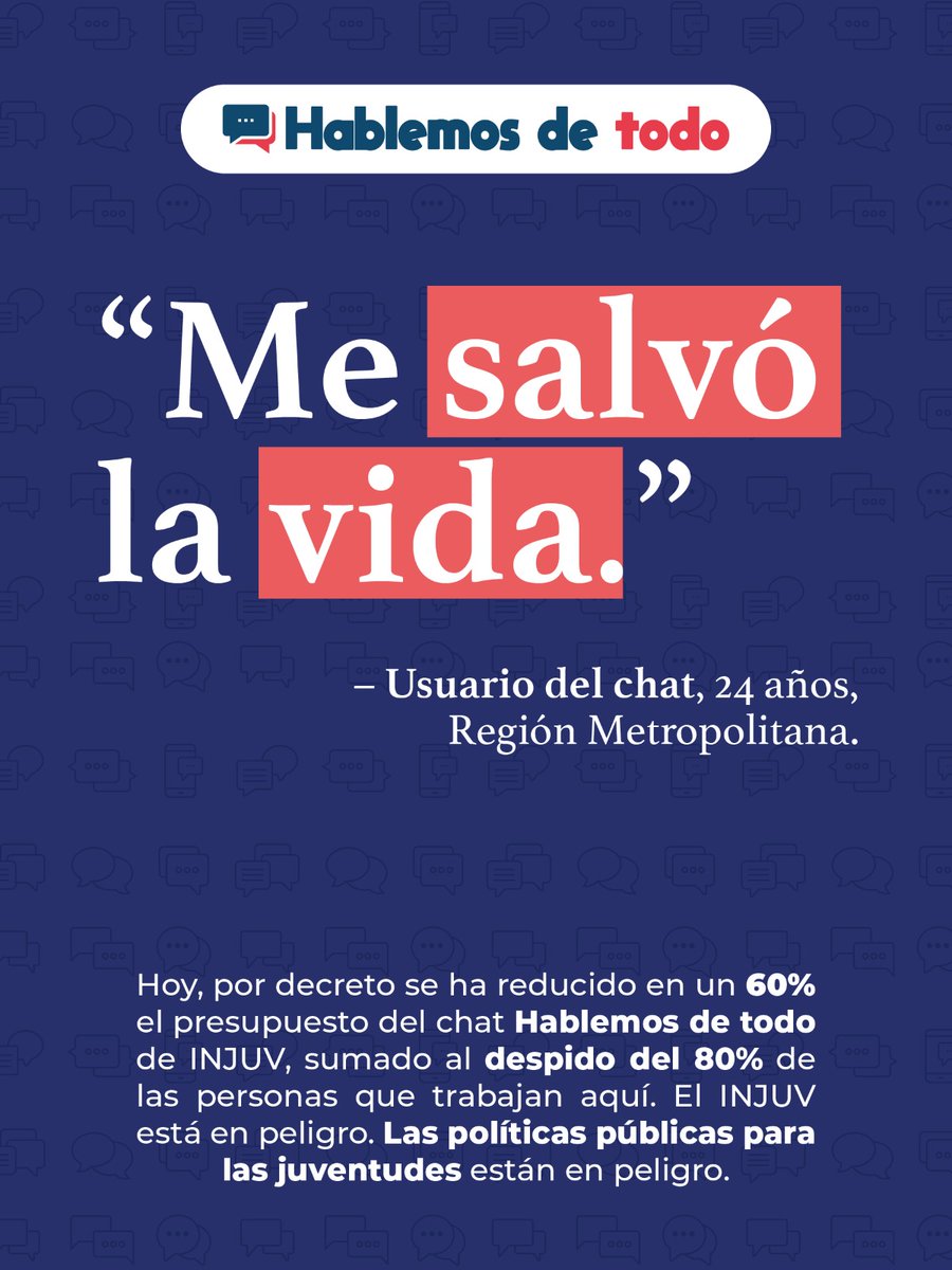 catafernandezc's tweet photo. Dentro de tanta noticia de recortes, este que no una recomendación, sino algo ya decidido, ha pasado más desapercibido.

Se decidió reducir en un 60% el presupuesto del programa Hablemos de Todo del @InjuvChile, dirigido a jóvenes y que tiene un rol fundamental en salud mental. https://t.co/VBAFUHf7It