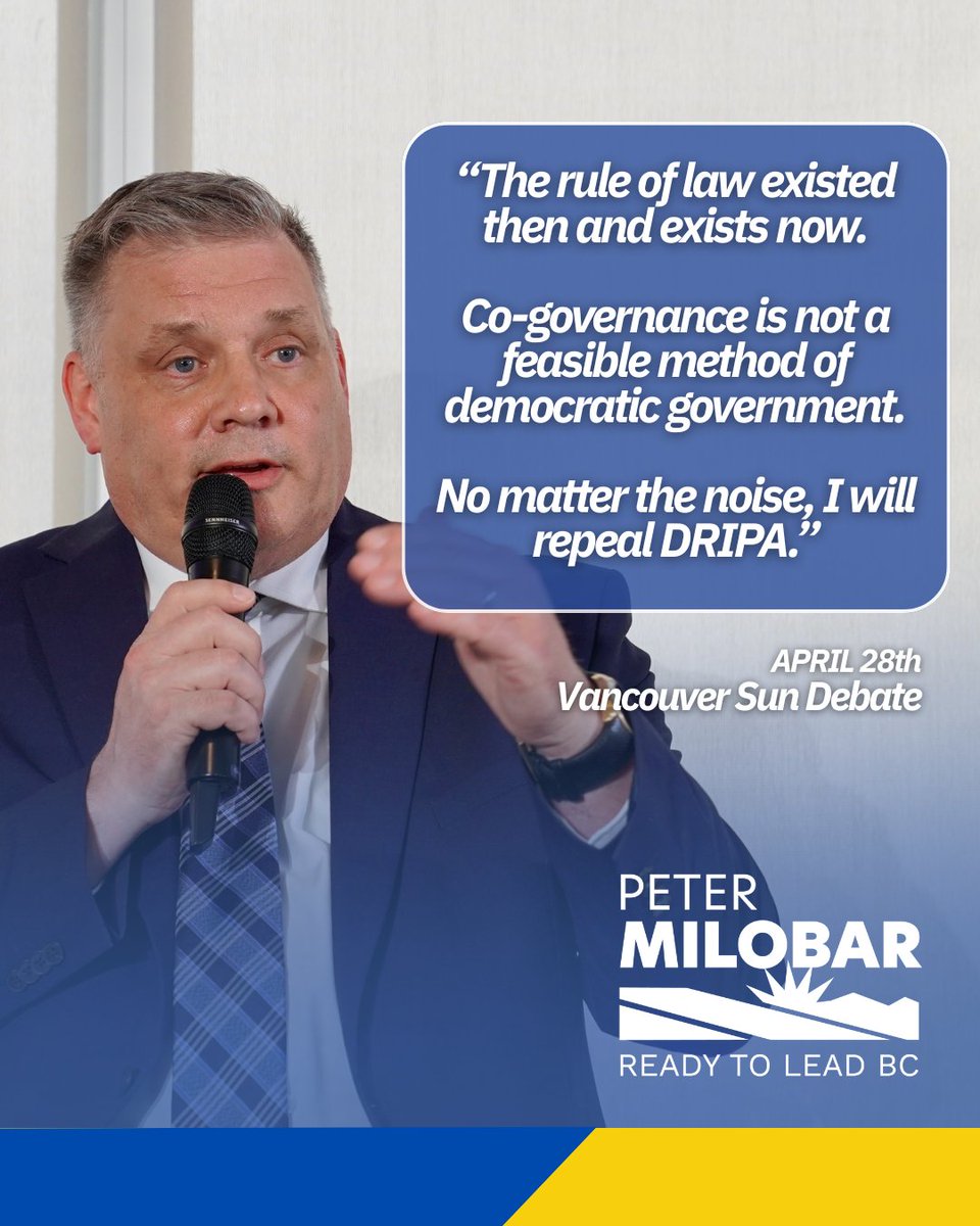PeterMilobar's tweet image. The rule of law existed then and exists now.

Co-governance is not a feasible method of democratic government.

No matter the noise, I will repeal DRIPA.

I am the only Leadership candidate with a seat who can do it on day one.

#bcpoli