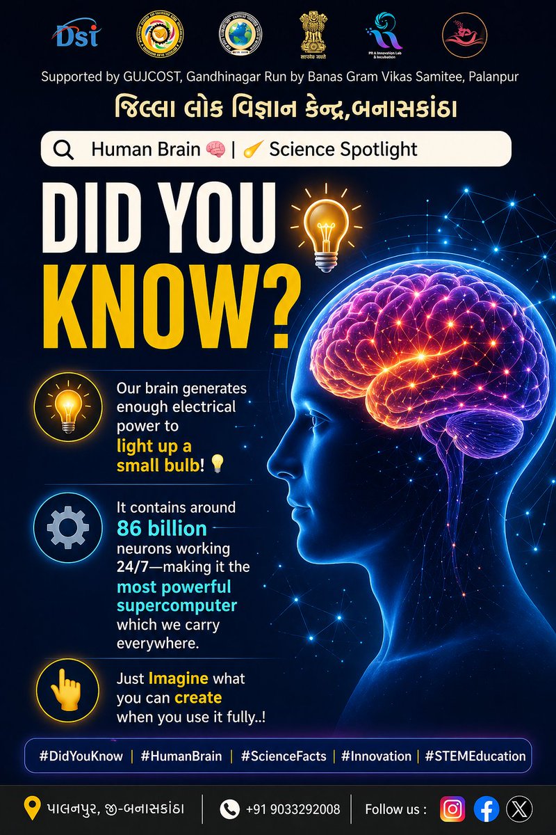 CSCBanaskantha's tweet image. 🧠 Did You Know? | Human Brain  
☄️ #ScienceSpotlight

👉 Imagine what you can create when you use it fully!

#DidYouKnow #HumanBrain #ScienceFacts #Innovation 

@narottamsahoo 
@Punam_Bhargava 
@InfoGujcost