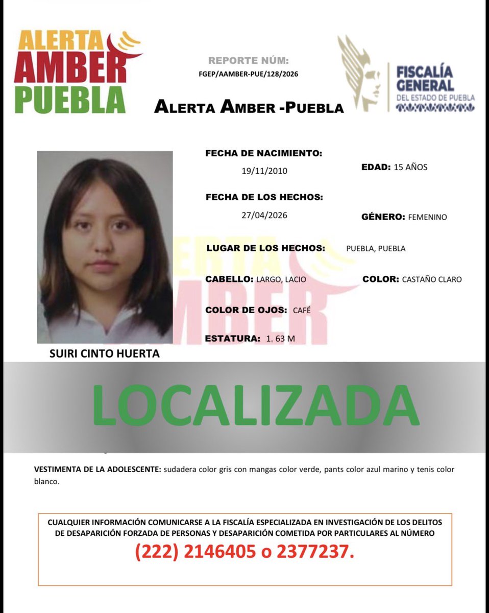 aamber_pue's tweet photo. La #AlertaAmber para la adolescente SUIRI CINTO HUERTA, de 15 años de edad, se desactiva debido a su localización. https://t.co/TFvHA5A4qR