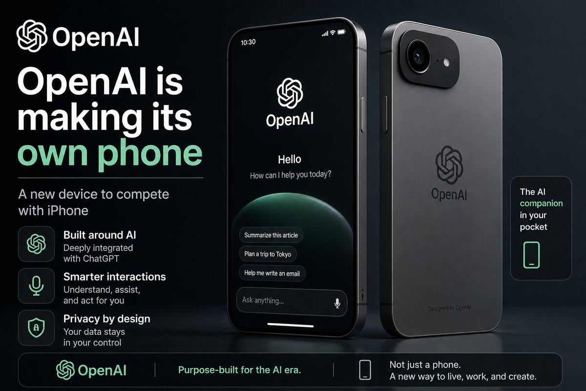 TechWriterJun's tweet photo. OpenAI entering the phone game? 👀

An AI-first device taking on the iPhone could redefine what smartphones do—not just apps, but real-time thinking and assistance.

Big bet. Big stakes.
https://t.co/PomhUv1hcG

#AI #OpenAI #Tech #FutureOfTech https://t.co/GpIVe9lmeY