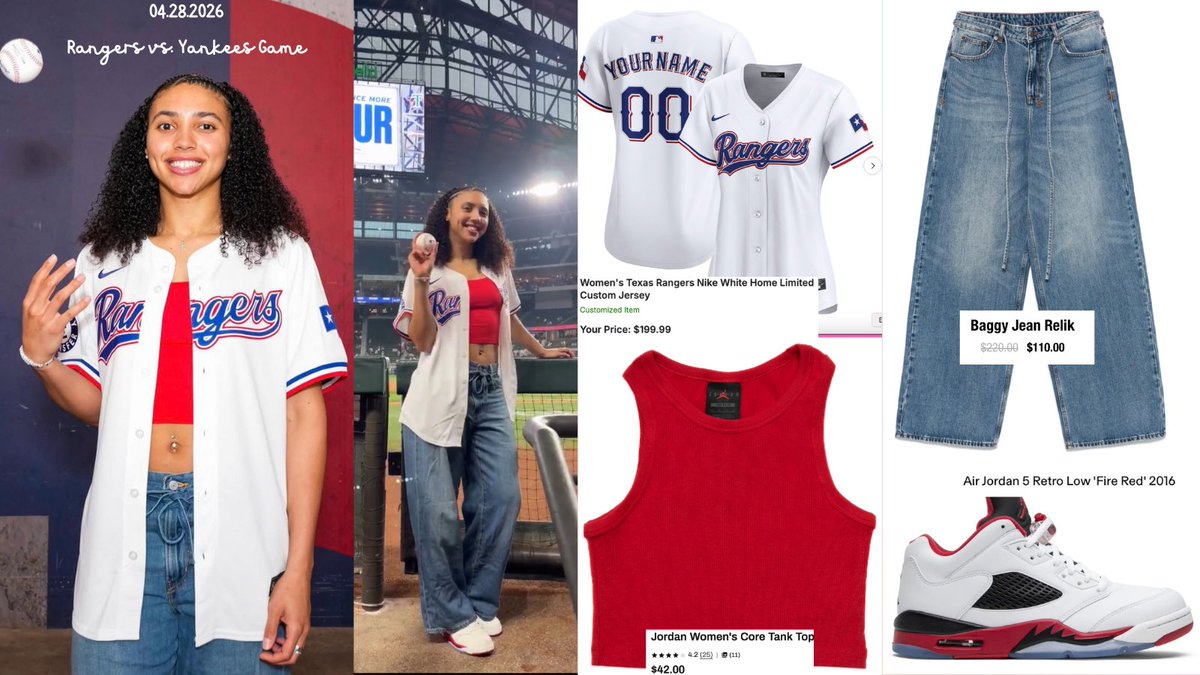 az35style's tweet photo. 04.28.2026 | 📍Dallas, TX
Azzi Throws First Pitch at Rangers vs. Yankees Game
⚾️ Nike Women's Texas Rangers Custom Jersey- White Home Edition
⚾️ Jordan Women's Core Cropped Tank Top- Gym Red
⚾️ Ksubi Baggy Relik Jeans
⚾️ Jordan Air Jordan 5 Retro Low- 2016 Fire Red 
(Sold Out for Retail, but available via Resellers)
link to outfit details: https://t.co/Dq7rdPz1dt #AZ35STYLE