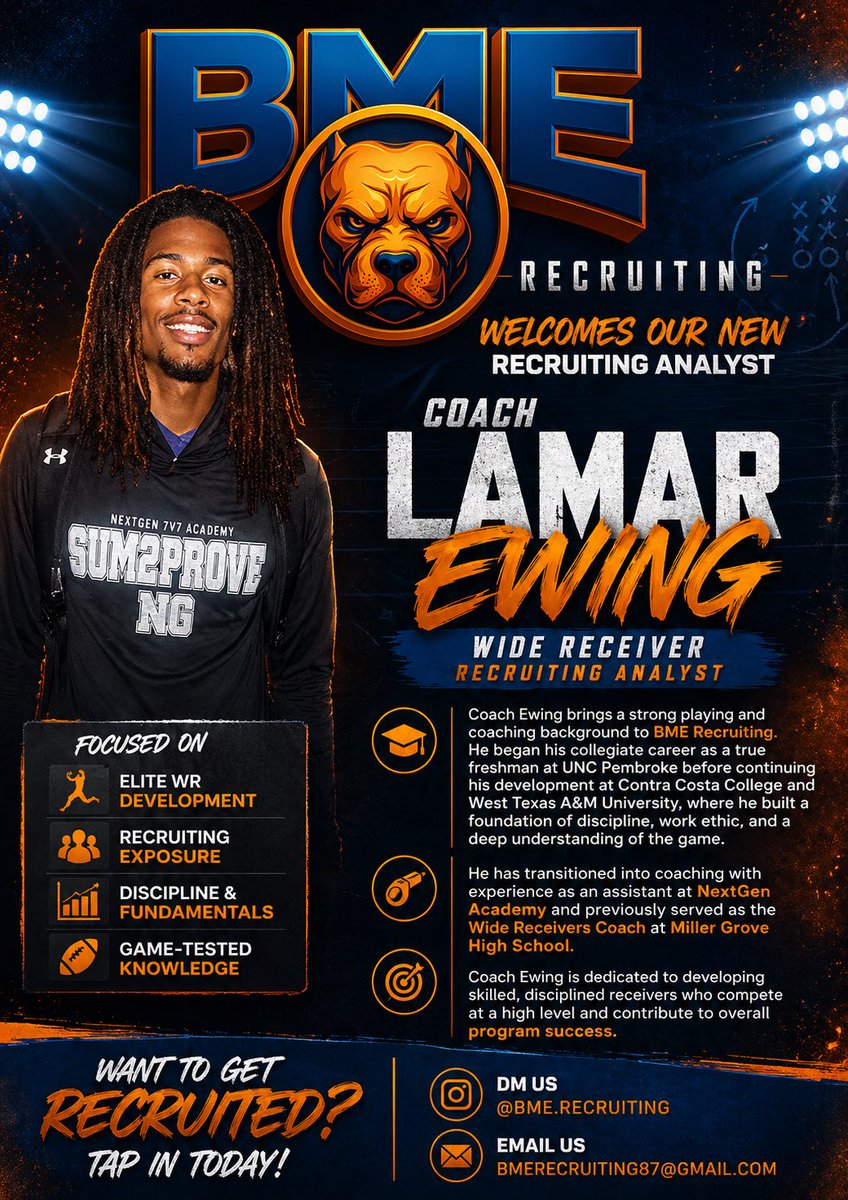 bmerecruiting1's tweet photo. @BMERECRUITING would like to welcome our new WRs analyst @ewinglamarion to our staff WRs dm him asap https://t.co/GxnXQQ6P7o