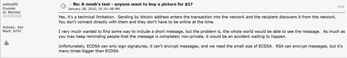 palmarzk's tweet image. When someone asks you why #Zcash has encrypted memos: On 28/1/10 Satoshi replied to a user on bitcointalk that he wanted #Bitcoin to send short messages but a technical limitation prevented these messages from being private.

bitcointalk.org/index.php?topi… $ZEC