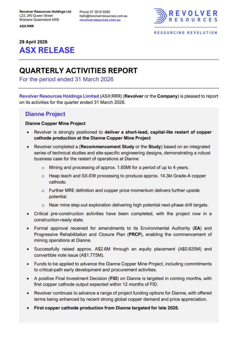 $RRR quarterly update (31 March 2026): Progress at Dianne with Recommencement Study supporting restart, approvals secured and project now construction-ready (subject to funding). ~$2.6M raised. Osprey work identifies 14 priority targets: bit.ly/3OQszlS