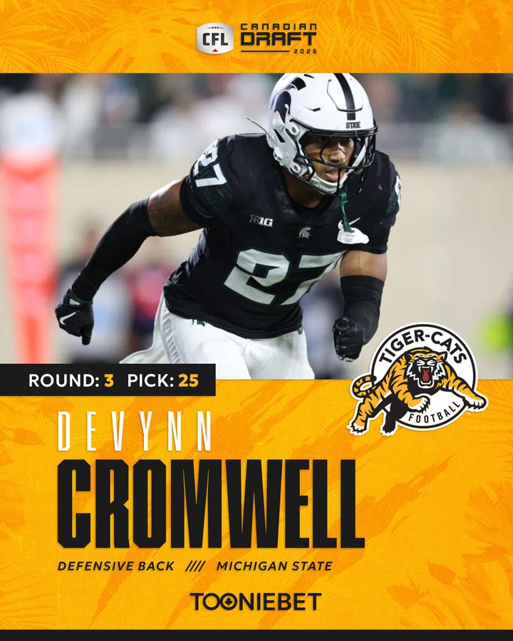 Proplayersagent's tweet photo. Congratulations to Devynn Cromwell DB. Selected by the Hamilton Tigercats in the 3rd Round, 25th overall. #HamiltonProud #OskeeWeeWee #TheHammer #Ticats #CFL https://t.co/DV3t1OGSzc
