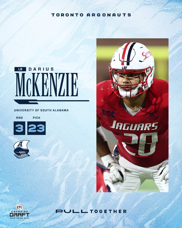 Proplayersagent's tweet image. Congratulations to Darius McKenzie  LB. Selected by the Toronto Argonauts in the 3rd Round, 23rd overall. #PullTogether #TheSix #DoubleBlue #Argos #CFL @DariusJMcKenzie