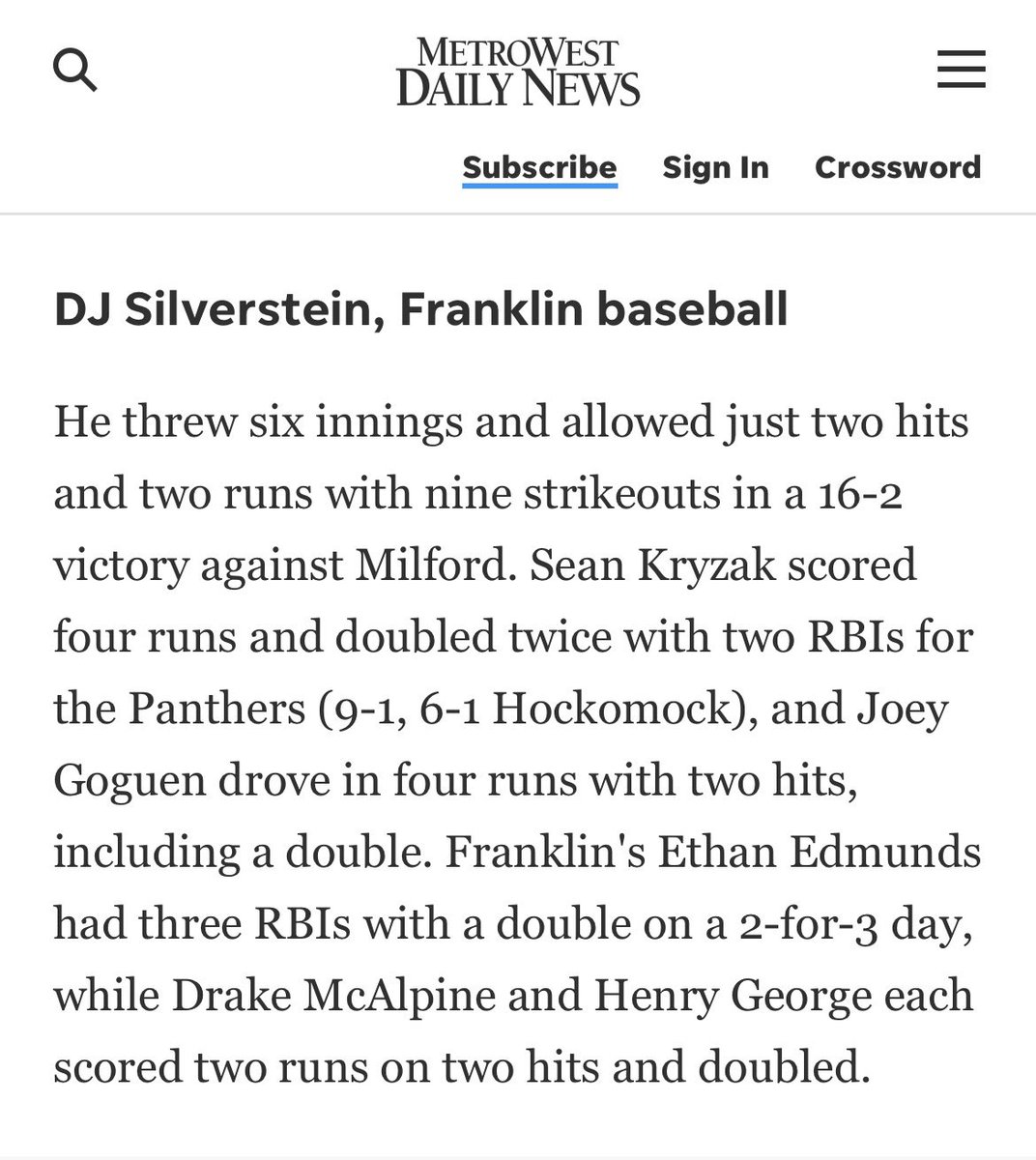 FHSCoachZBrown's tweet image. 🚨 Franklin HS ⚾️ Player Spotlight 🚨 

We 👀 you, FHS’26 Captain RHP DJ Silverstein (@dj_silverstein9)! DJ was a Metrowest top performer on Monday. DJ went 6IP, 2H, 2R, &amp;amp; 9Ks as he lead the Panthers to victory! Great work, DJ!

#PantherPride
