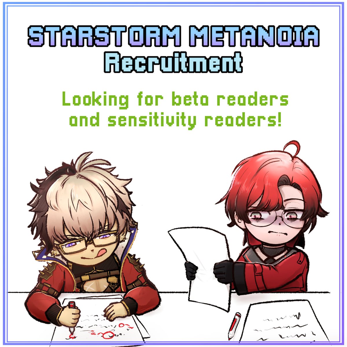 StarstormMeta's tweet photo. [ APPLICATIONS OPEN ]
📖READERS NEEDED📖
Applications are now open for beta and sensitivity readers to help polish and finalize the writing for our game!

Form closes: May 17, 12:59am JST

Apply here: https://t.co/oqKBDRH0Ss

[ #holoTEMPUS . #holoARMIS ] https://t.co/EPFuGWAzsE