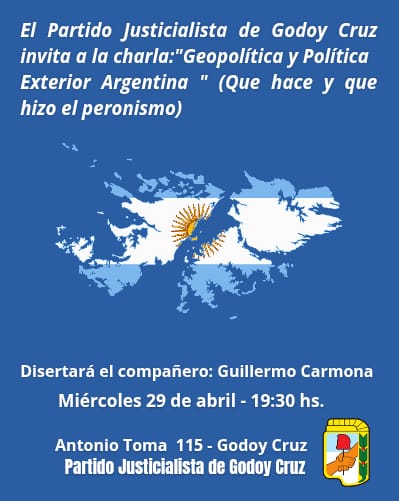 grcarmonac's tweet photo. Este miércoles, en el PJ de #GodoyCruz hablamos de #Malvinas y peronismo.

19.30 hs, Antonio Tomba 115  - Godoy Cruz Mendoza. 🇦🇷✌🏼 https://t.co/Cnxp3Om8fp