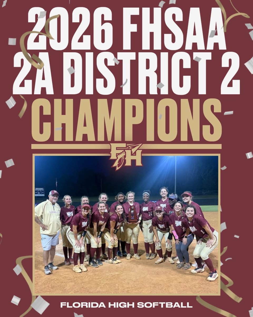 coachadunlap's tweet image. District Champs. 🏆
2026 FHSAA 2A District 2 — CLAIMED.

Proud of this group for their grit, discipline, and resilience.
Business isn’t finished. #Noles #DistrictChamps #Softball