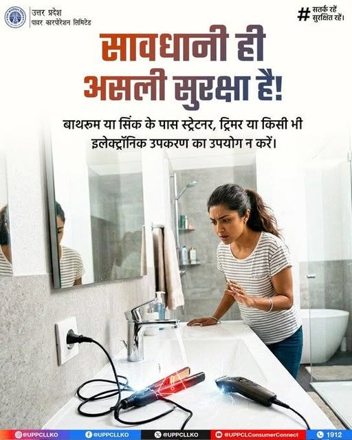 puvvnlgorakhpur's tweet image. #SafetyFirst #ElectricalSafety
#SafeLiving #PowerSafety
पानी के आस पास इलेक्ट्रॉनिक उपकरणों का इस्तेमाल बड़ा खतरा बन सकता है। बाथरूम या सिंक के पास स्ट्रेटनर, ट्रिमर, चार्जर या अन्य डिवाइस का उपयोग करने से करंट लगने का जोखिम बढ़ जाता है।
@UPPCLLKO
@PuVVNLHQ
@aksharmaBharat