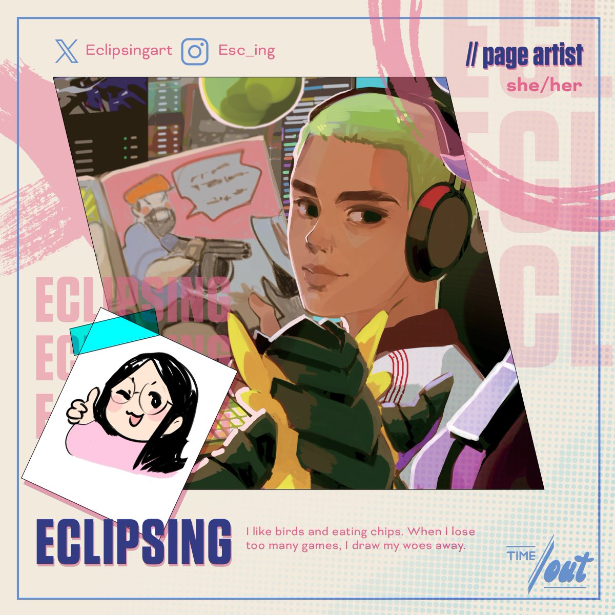 Computer time, comic time, buddies time...kinda hard to pick one thing to do especially when you're a busy VALORANT agent like Gekko! 🎮🦠 
Illustrated by the amazing <a href="/eclipsingart/">Eclipsing 🌙</a> !!