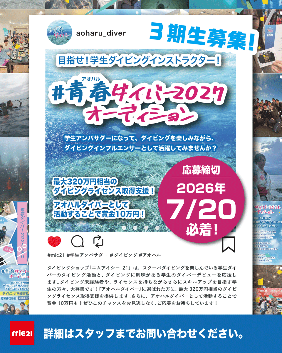 mic21_cs's tweet photo. 【学生アンバサダー募集🌊】
https://t.co/Osj2dentYQ

最大320万円相当の
ダイビングライセンス取得支援あり！
さらに、アオハルダイバーとして活動すると
賞金10万円のチャンス✨

学生アンバサダーとして
ダイビングを思いきり楽しみながら、
その魅力を発信する
“ダイビングインフルエンサー”として
活躍してみませんか？

海が好きな方、新しいことに挑戦したい方、大歓迎です！🐬

#mic21 #エムアイシー21 #ダイビング #スキューバダイビング #学生 #学生アンバサダー #インフルエンサー #青春 #アオハル #ダイバー #ダイビングインフルエンサー #海遊び #海好き募集