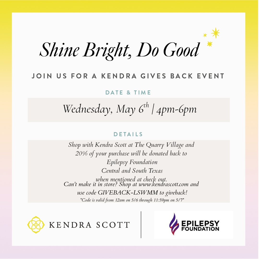 EFCST's tweet photo. Tomorrow! ⏰ Shop Kendra Scott at The Quarry Village (4–6 PM) and support the Epilepsy Foundation of Central &amp; South Texas. Mention it at checkout. Online: code GIVEBACK-LSWMM at https://t.co/UpxYC1lAKC on 5/6–5/7. #KendraGivesBack https://t.co/pvSivgb1Bq