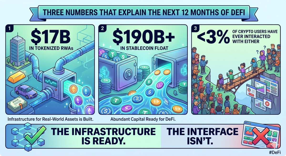 BlockReport2025's tweet photo. Three numbers that explain the next 12 months of DeFi:  

— $17B in tokenized RWAs — $190B+ in stablecoin float 
— <3% of crypto users have ever interacted with either  

The infrastructure is ready. The interface isn't.  

#DeFi https://t.co/91ACnyzDOv