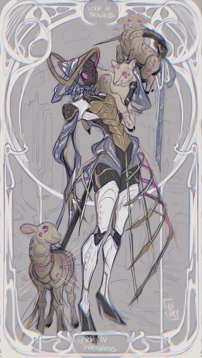 M15CHKA's tweet image. Prex card sketching for {___} the Shepherdess. 
This design is a work in progress, I am still experimenting with it. 
Apologies for the silence, life has been brutal recently. 
#warframe #warframefanart #workinprogress