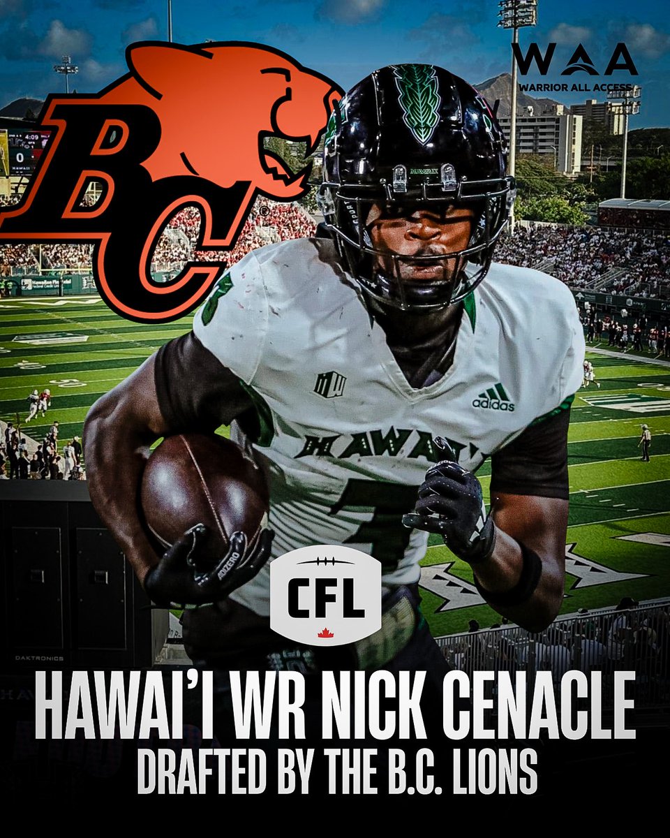 WarriorAccess's tweet photo. #HawaiiFB WR Nick Cenacle has been selected in the 5th round by the CFL’s B.C. Lions. #BRADDAHHOOD #BowsInThePros https://t.co/Duzs1s5BIK