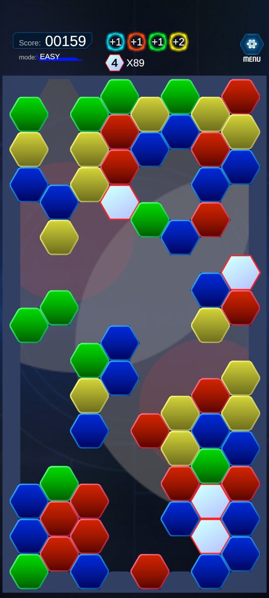 studio_bambood's tweet image. 「Ｈexチェイン」　EASYモードは宝探し風

必ず２つのアイテムが隠れてる。
アイテムを探しながら、高得点を目指す。そんなゲーム性

#Hexチェイン　
#スマホゲーム　
#android 
#個人ゲーム開発　
#unity