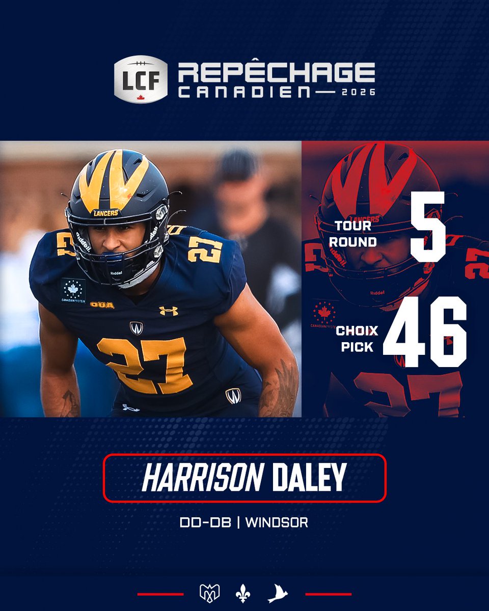 MTLAlouettes's tweet photo. Avec notre choix de 5e ronde au repêchage canadien (46e au total), nous avons sélectionné le demi défensif Harrison Daley de University of Windsor  ! 
—
With our 5th round pick (46th overall), we’ve selected defensive back Harrison Daley from University of Windsor! https://t.co/NKfeq9Ftd4
