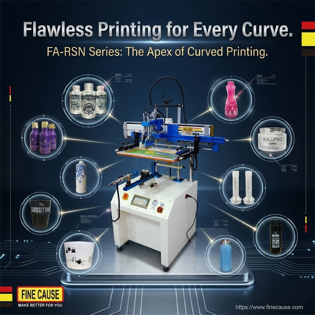 FinecausePrint's tweet image. 【Flawless Printing for Every Curve.】
👉Ready to elevate your production to the next level?
FA-RSN Series: The Apex of Curved Printing.
finecause.com/product/771Yp8…

#FineCause #ScreenPrinting  #BottlePrinting
#CurvedScreenPrintingMachine