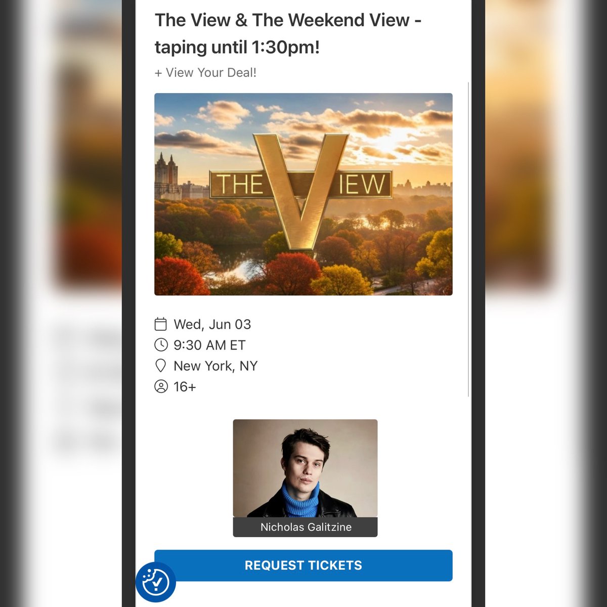 Xtinaem's tweet image. Nicholas Galitzine will be a guest on The View in NYC on June 3! 😍🗡️⚡️

Fans can request tickets to attend through @1iota 🎟️

1iota.com/fanbase/view/1…

#NicholasGalitzine #theview #nyc