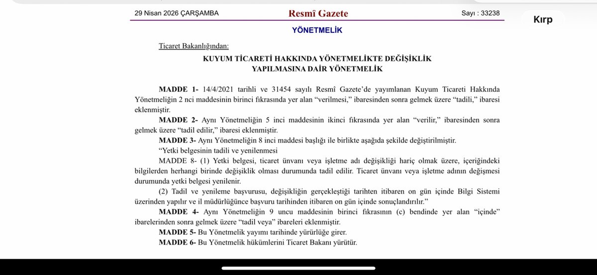 finansalkurulus's tweet photo. 29 Nisan 2026 tarihli Resmî Gazete'de yayımlanan düzenleme ile Kuyum Ticareti Hakkında Yönetmelik’te değişiklik yapıldı.
 1. Tadil Kavramı Eklendi:Yetki belgesinin sadece yeni alımını değil, üzerindeki değişiklik işlemlerini de mevzuata dahil eder.#kuyum
 #altın https://t.co/T0yh9hzOkQ
