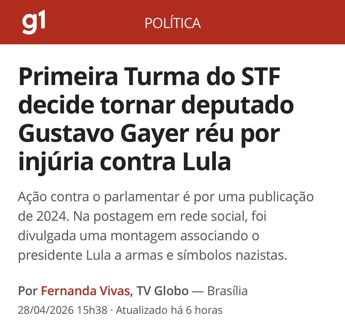 Não é formidável? No mesmo dia, a primeira turma rejeitou uma denúncia do deputado Gustavo Gayer contra um colega por injúria decorrente da ofensa de “nazista”, mas aceitou outra denúncia, contra o mesmo deputado, por injúria contra Lula, por associá-lo a símbolos nazistas e