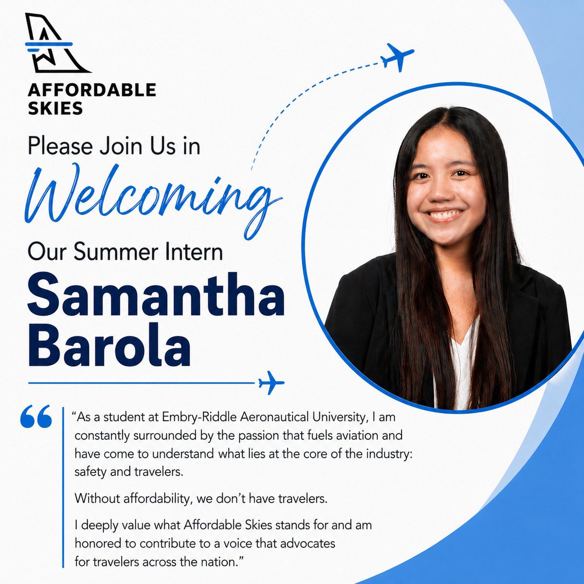 We’re pleased to welcome Samantha Barola as our Summer Intern at #AffordableSkies. She’ll be supporting our social media strategy and outreach to travelers. Looking forward to having her on board.

#AffordableSkies #Aviation #Internship #FutureLeaders #AviationCareers #Nonprofit