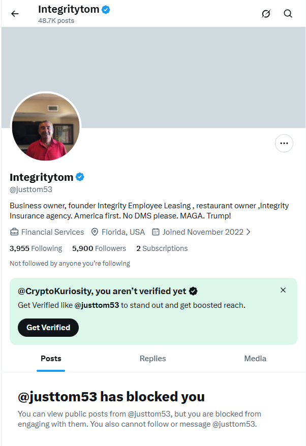 CryptoKuriosity's tweet photo. @justtom53 @EricaRN4USA @MagaGrunt1 @Pontifex @POTUS Gotta love when idiots drop a comment and run away like scared children to block you ASAP because they know they are wrong.

Tom got mad because he got called out for loving Trump more than God 👌 https://t.co/3VbxJVmdDp