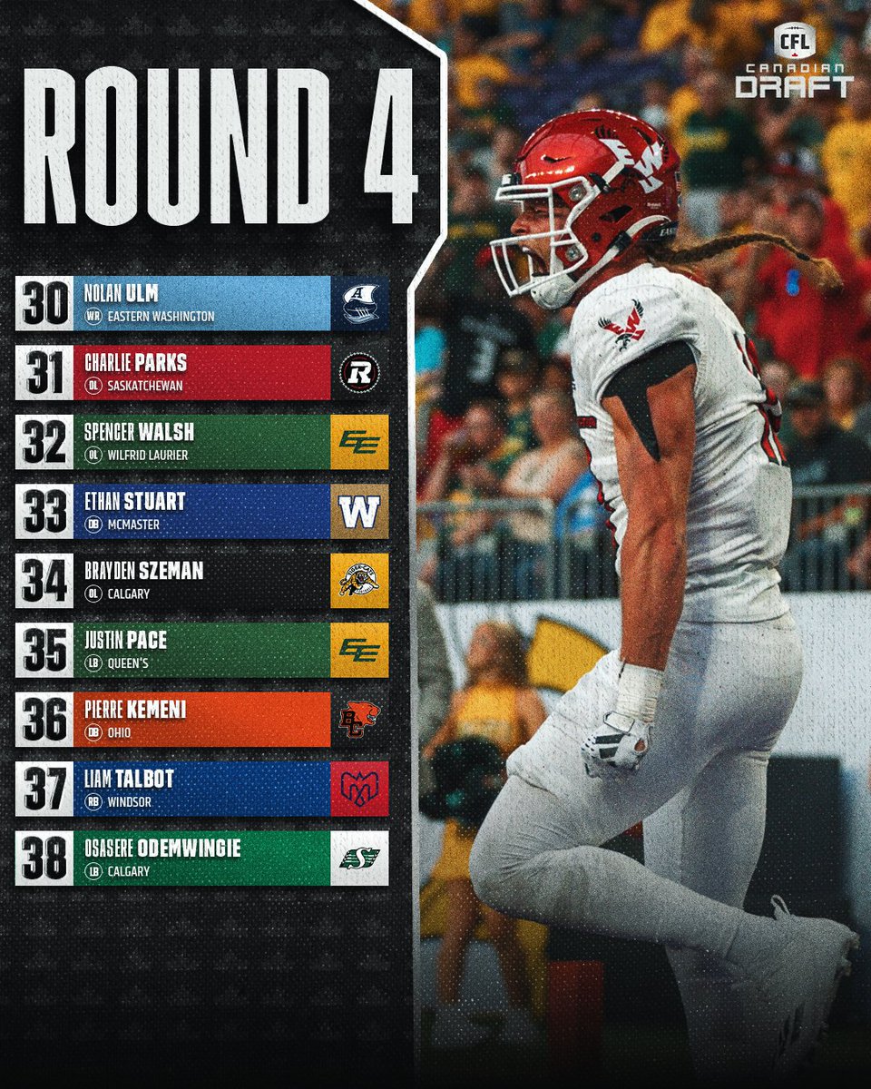 CFL's tweet photo. 4th round is WRAPPED! #CFLDraft https://t.co/0Bp640MJTh