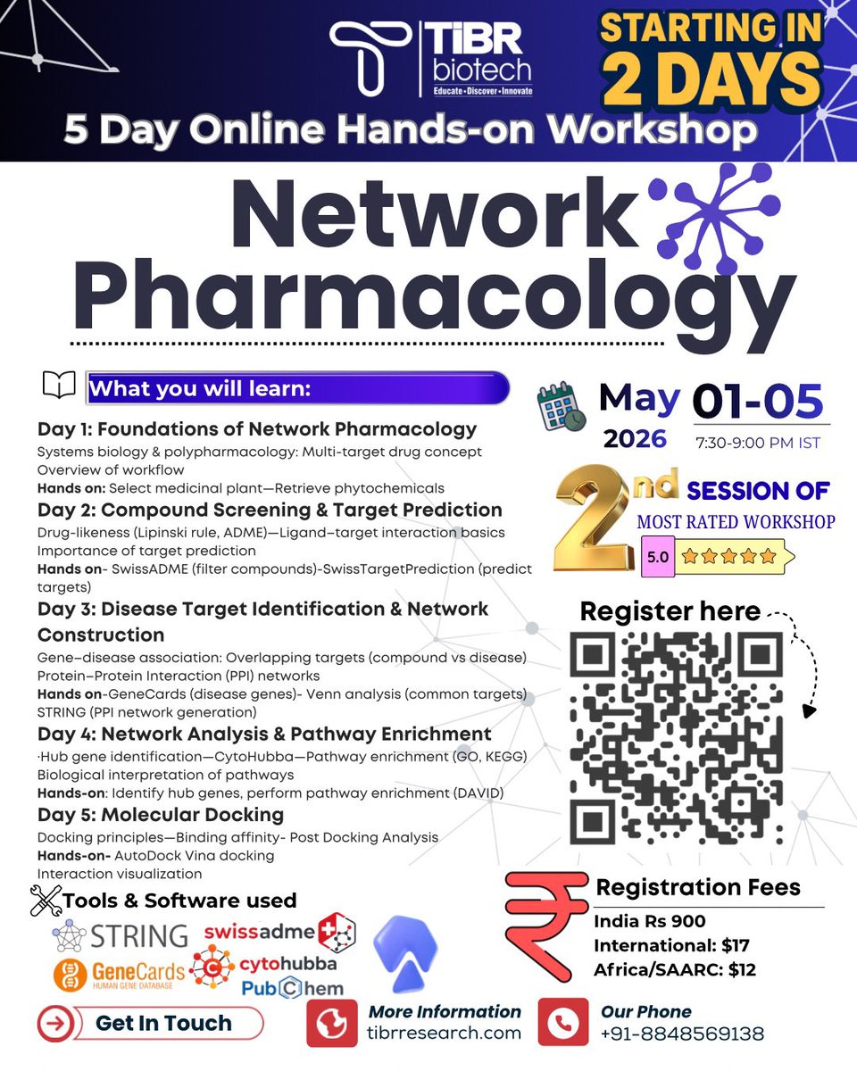 DrNobleKKurian's tweet image. 𝐒𝐓𝐀𝐑𝐓𝐈𝐍𝐆 𝐈𝐍 𝟐 𝐃𝐀𝐘𝐒. .𝐃𝐎𝐍'𝐓 𝐌𝐈𝐒𝐒 𝐈𝐓..𝐉𝐎𝐈𝐍 𝐍𝐎𝐖.. 
🚀 𝟓-𝐃𝐚𝐲 𝐎𝐧𝐥𝐢𝐧𝐞 𝐇𝐚𝐧𝐝𝐬-𝐨𝐧 𝐖𝐨𝐫𝐤𝐬𝐡𝐨𝐩 𝐨𝐧 𝐍𝐞𝐭𝐰𝐨𝐫𝐤 𝐏𝐡𝐚𝐫𝐦𝐚𝐜𝐨𝐥𝐨𝐠𝐲
📩 Register now &amp;amp; secure your spot! lnkd.in/gyygTX6X
#NetworkPharmacology #Bioinformatics