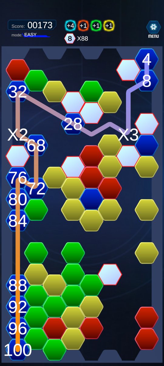 studio_bambood's tweet image. 「Ｈexチェイン」　EASYモードは宝探し風

必ず２つのアイテムが隠れてる。
アイテムを探しながら、高得点を目指す。そんなゲーム性

#Hexチェイン　
#スマホゲーム　
#android 
#個人ゲーム開発　
#unity