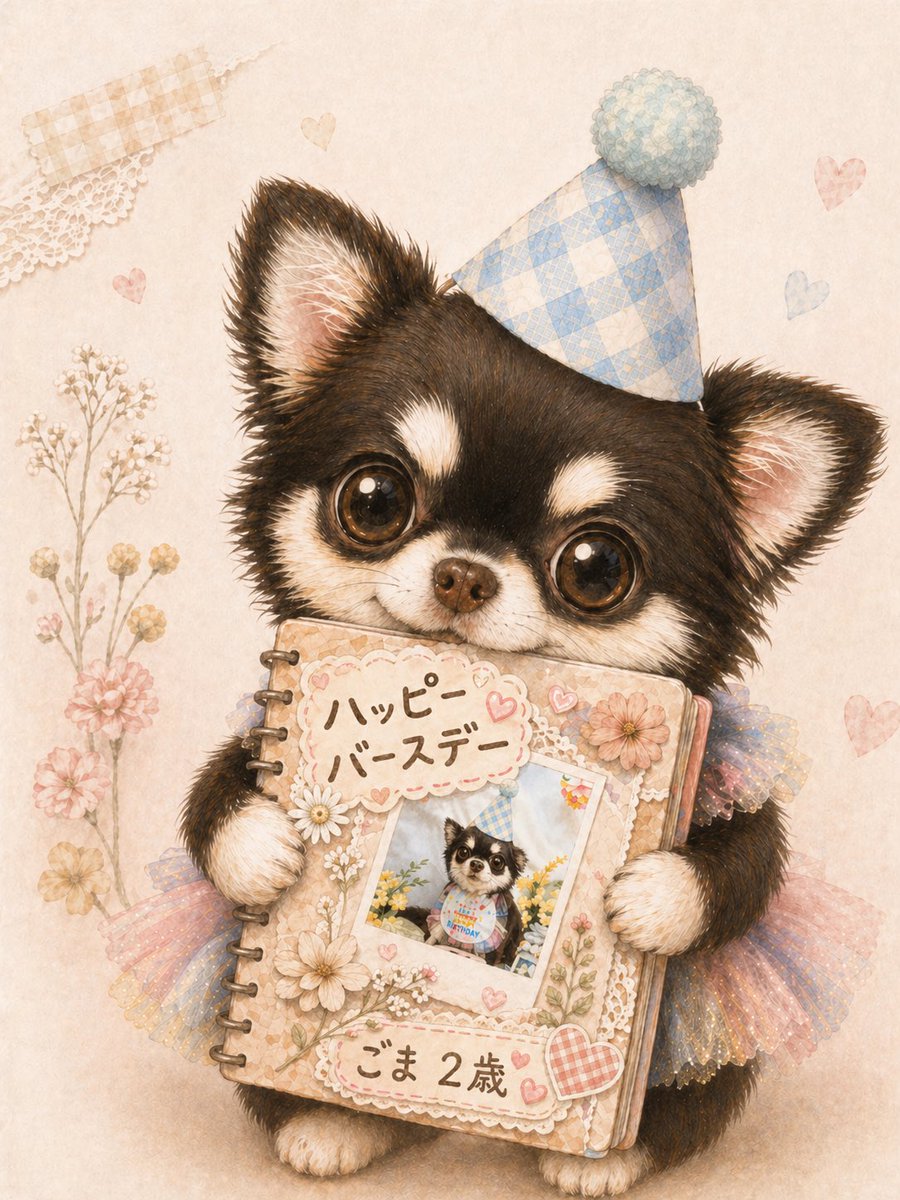 gomaai180410's tweet image. ChatGPT Image 2.0、
やっとちゃんとさわれましたがすごい…！✨
愛犬の誕生日だったので、アルバム風にしてみたら想像以上に良すぎた🐶🎂

AIって、仕事だけじゃなく思い出作りにも使えるのが最高ですね🙌🙌
#ChatGPT #生成AI #AI活用