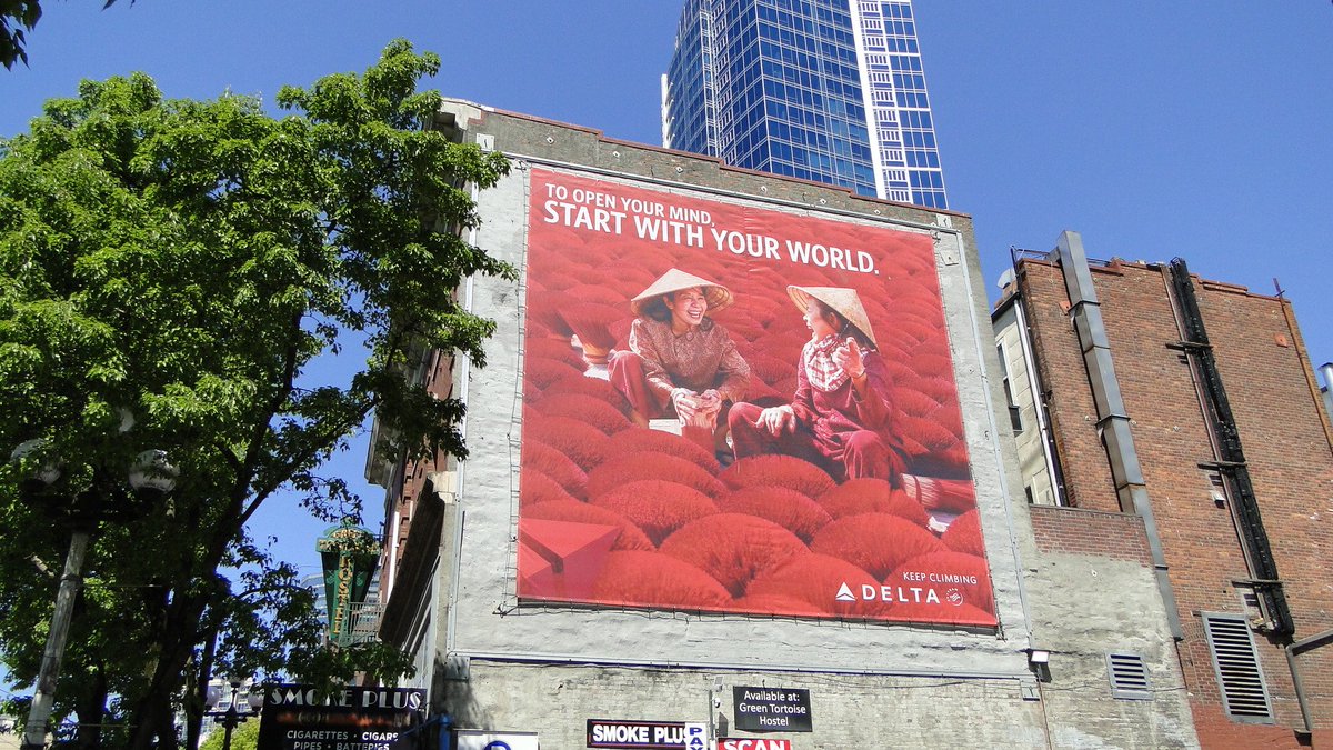 MarkWerling5's tweet image. Work began on the Pacific Railroad today in 1869.  Chinese labor was a big part of it.      

Billboard in Seattle advertising Delta flights to China.  #Rail #Immigration #China