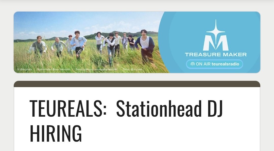 [HIRING STAFF] STATIONHEAD DJ

🎧 TEUMEs, we're stil looking for DJs! 

Join us on Stationhead and support TREASURE together ✨
No experience needed—we’ll guide you!

Apply here:
📩  docs.google.com/forms/d/1e3br_…

See you on air soon! 🫶

#TREASURE #트레저 #トレジャー 
#teufind