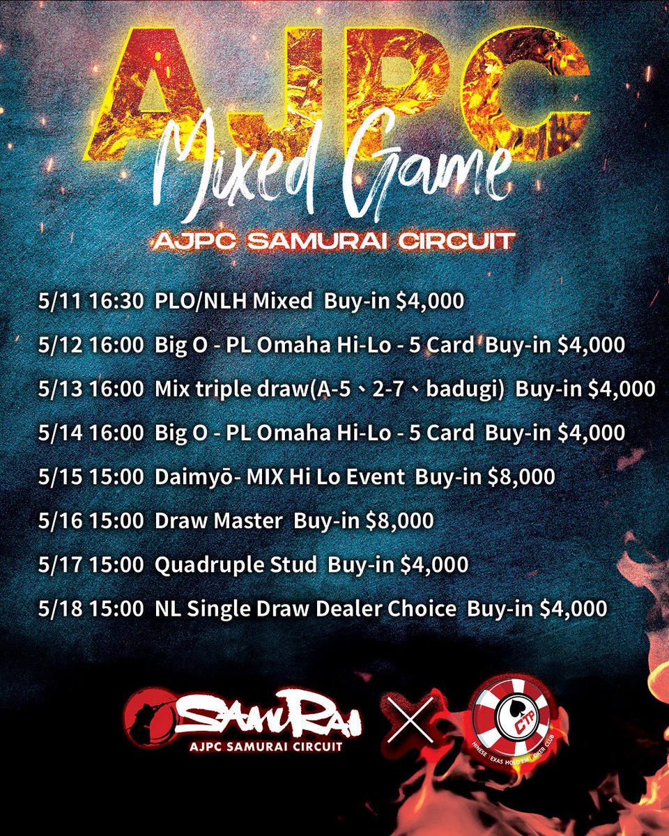 ajpc_ac's tweet photo. AJPC SAMURAI CIRCUIT #TAIWAN 🇹🇼

◤￣￣￣￣￣￣￣￣￣
イベントスケジュール‼️
今回の台湾はMix Game多数‼️
＿＿＿＿＿＿＿＿＿◢

5/11(月)～5/18(月)にて開催‼️

海外初挑戦も、日本人スタッフが現地でサポート致します‼️✨

▼スケジュール▼
https://t.co/0wXSUYJMYZ https://t.co/r0b66Yd3iR
