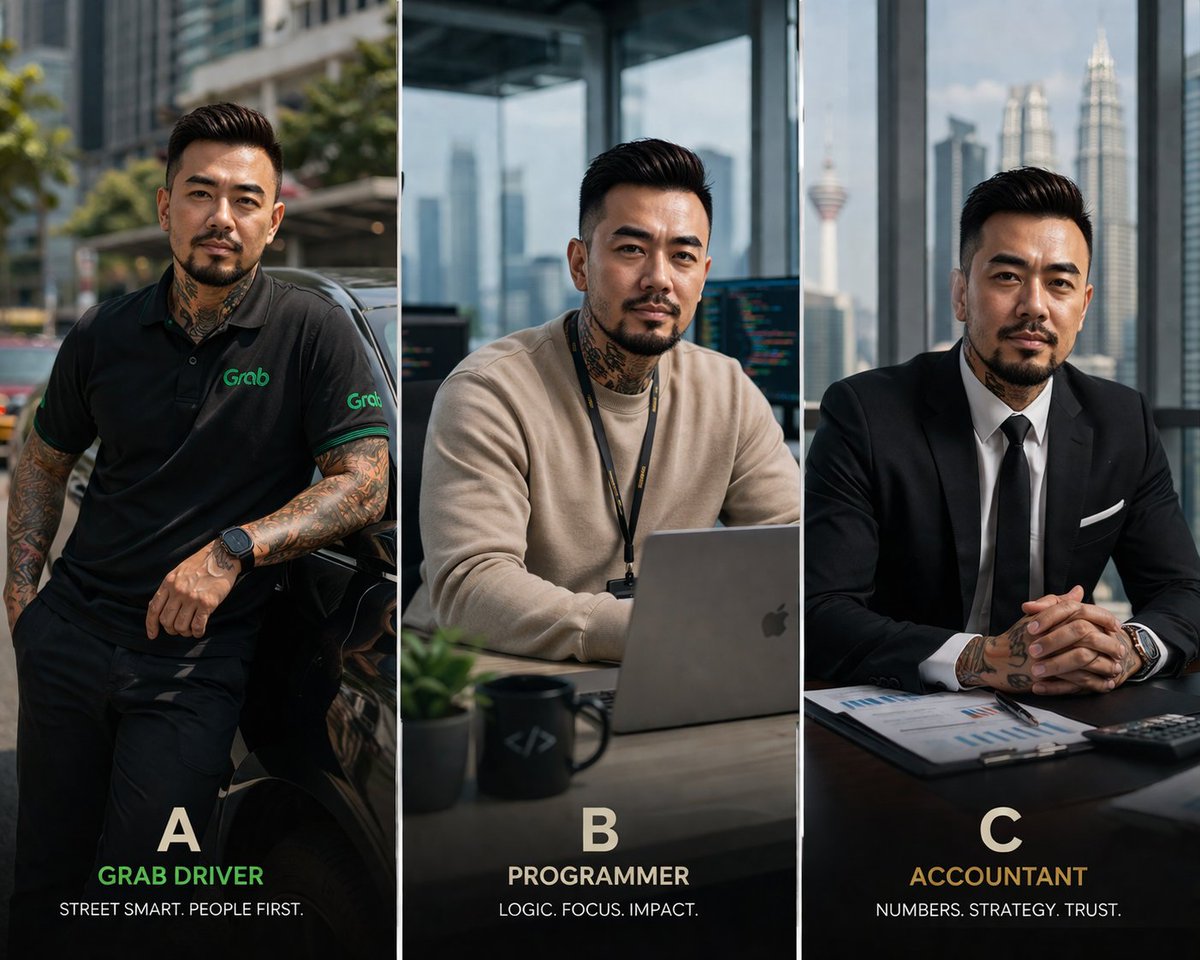 EricoolWong's tweet image. same guy. 3 careers.

who looks the most successful?

A / B / C 👇

#Malaysia #Career #MensStyle #Aesthetic #AIart #GlowUp #Professional #WhichOne #XCreator #VisualStory