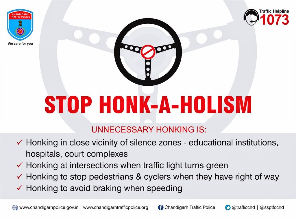 trafficchd's tweet image. Have you ever driven with a dysfunctional horn? You would agree you drove cautiously &amp;amp; safely then. You can drive without honking. Avoid #unnecessaryhonking. The noise created by your horn affects you the most.
#MakeChandigarhHonkFree
#WeCareForYou