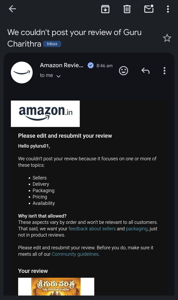 Ramkypy's tweet photo. @AmazonHelp @amazon @amazonIN  what is the reason you could nt post mybreview on the seller. I just posted that the bazaar delivery took longer than normal Amazon and price of the book was more than MRP on the book. And. You responded review can't be posted.#notransparency https://t.co/QxiLjYLgdP