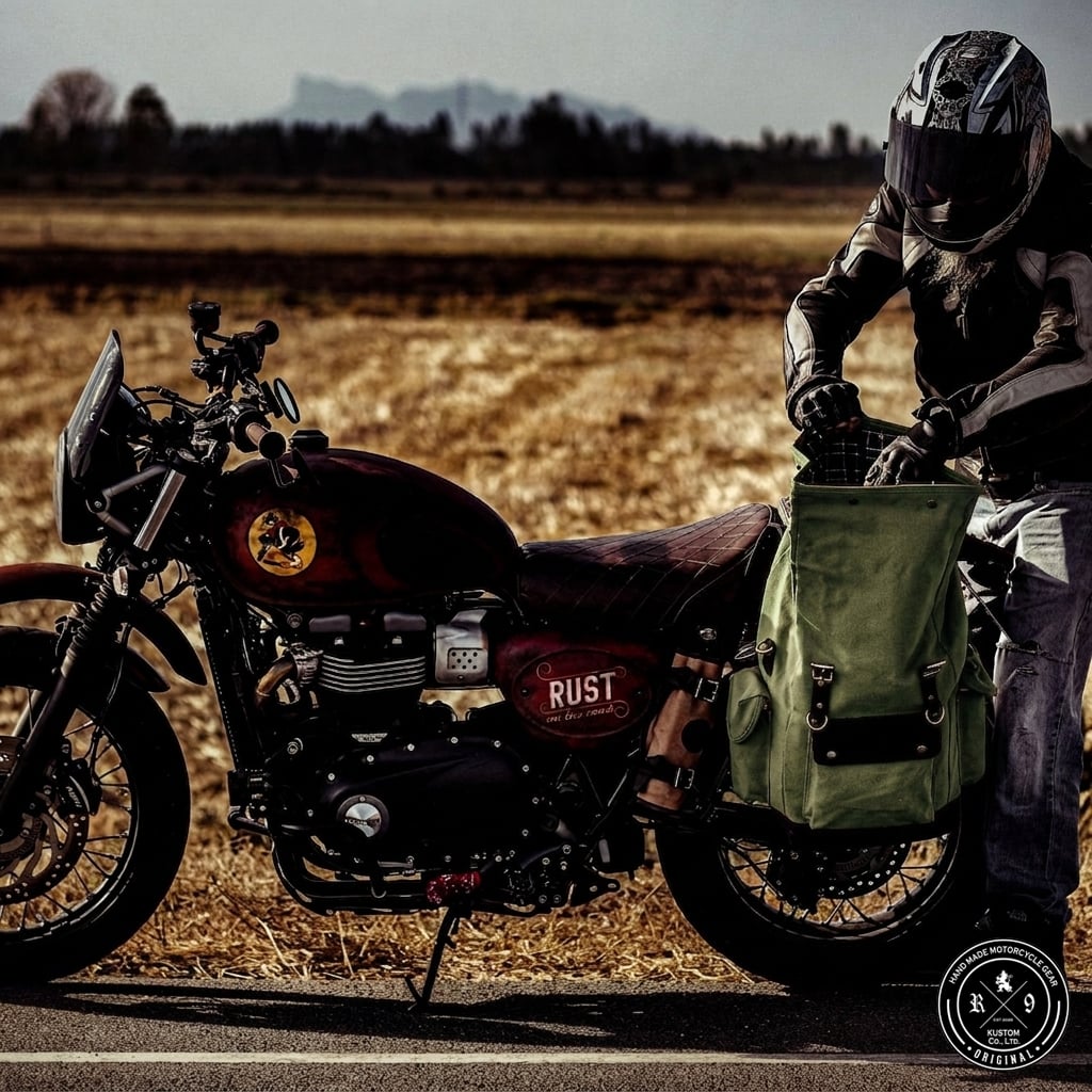R9Kustoms's tweet photo. 🤙Vintage inspired luggage solutions ⚡ Retro Waxed Canvas Rolltop Panniers, Tool Rolls for MODERN Classics 💀 @r9kustoms 
.
#triumph #triumphthailand #triumphbonneville #fortheride #triumpht100 https://t.co/Nt40z7KE2h