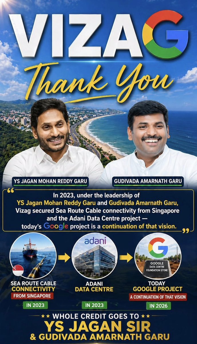 varmaconnects's tweet photo. Thanks @ysjagan for Vi: Vision and G:Google make happen in #VizaG 🙏🏻

#AndhraPradesh #googleaicentre #google #GoogleBreaksGroundInAP #adani https://t.co/8u0LgVVDmM