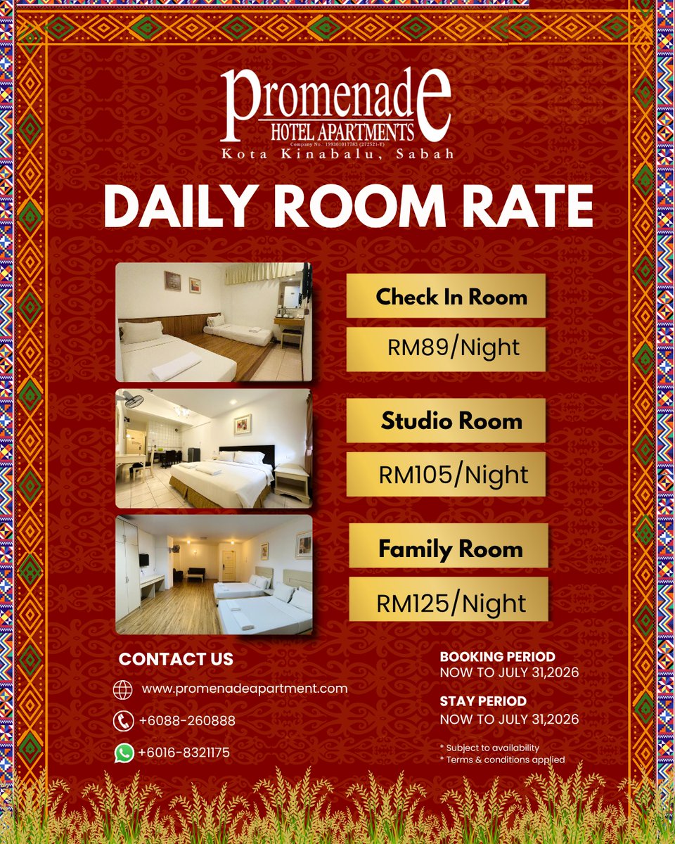 promenadeapt's tweet photo. 🏡 Comfortable stays at prices you’ll love.
 
    Relax in clean, cozy rooms right in the heart of Kota Kinabalu—no hidden charges, just transparent daily rates you can trust. 
 
    📲 Book direct &amp; save: https://t.co/4qoNlTGlJ4
    📞 +6088 260888 / +60 16-832 1175 https://t.co/ZFxUBhuaXC