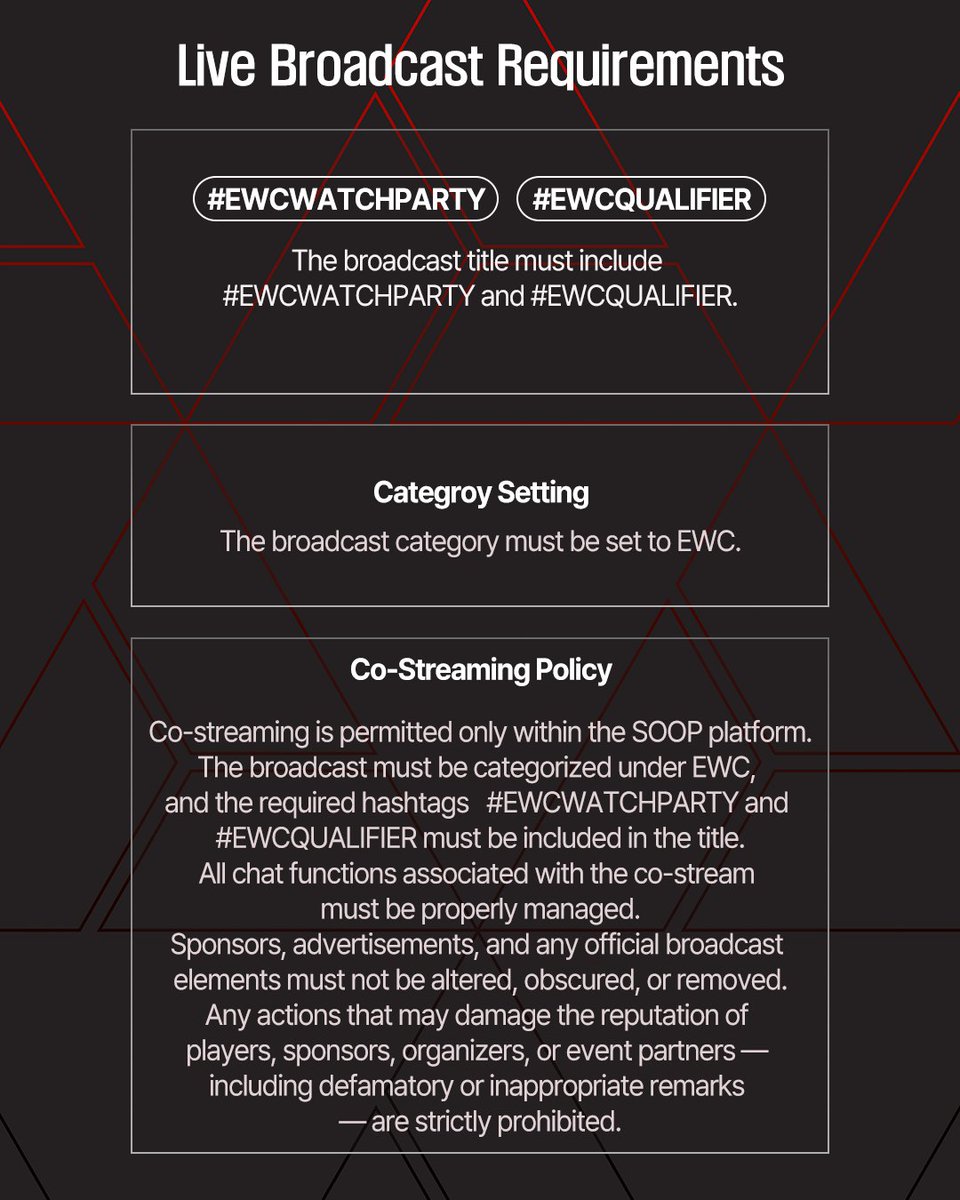 SOOP_EN's tweet photo. Going live for EWC? ๐ฅ๐ฅ
Make sure you follow the Co-Streaming Guidelines ๐
โ Use #EWCWATCHPARTY #EWCQUALIFIER
โ Set category to EWC
โ Stream only on SOOP
๐ Stay compliant & enjoy the show
#EWC #LoL https://t.co/200DRlap9a
